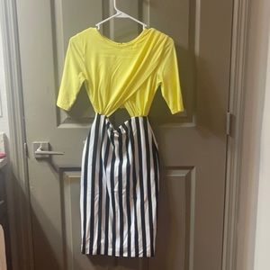 Soft Yellow, black and white strip dress.
